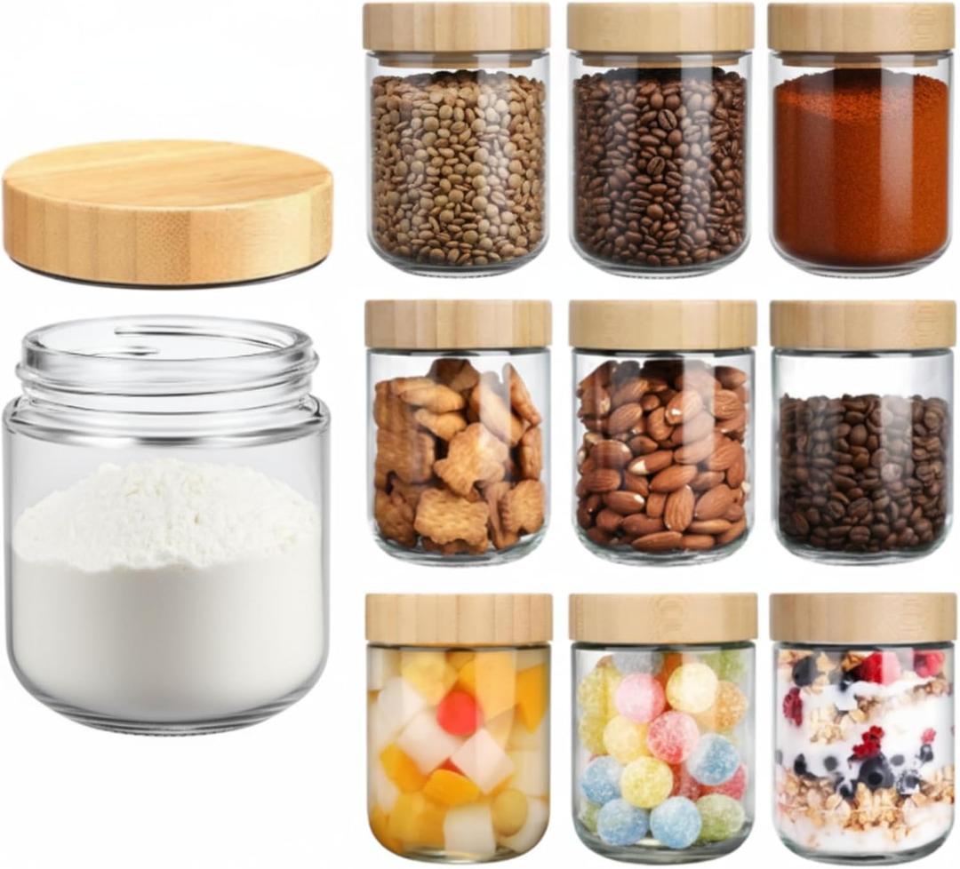 Norme 12 Pcs 16oz Overnight Oats Containers with Lids Glass Mason Jars with Acacia Wood Airtight Lids Bulk Wide Mouth Mason Jars for Salad, Yogurt, Pudding, Parfait, Snacks, Spice and Flour