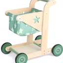 Asweets 2 in 1 Wooden Baby Walker Push and Pull Doll Stroller, Shopping Cart Learning Walker for Boys and Girls, Sit Stand Learning Toddler Toy (Green)