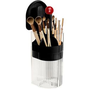 Makeup Brush Holder with Lid, One-Hand Press Open/Close Mechanism Cosmetic Tools Organizer, Clear Waterproof Dustproof Make Up Storage for Vanity, Bathroom Countertop-Black-Red Ball