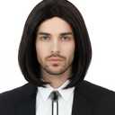 HORTYZON Men's Black Medium-Length Wig 1990s Retro Halloween Character Costume Wig(Black/Medium/shawl)