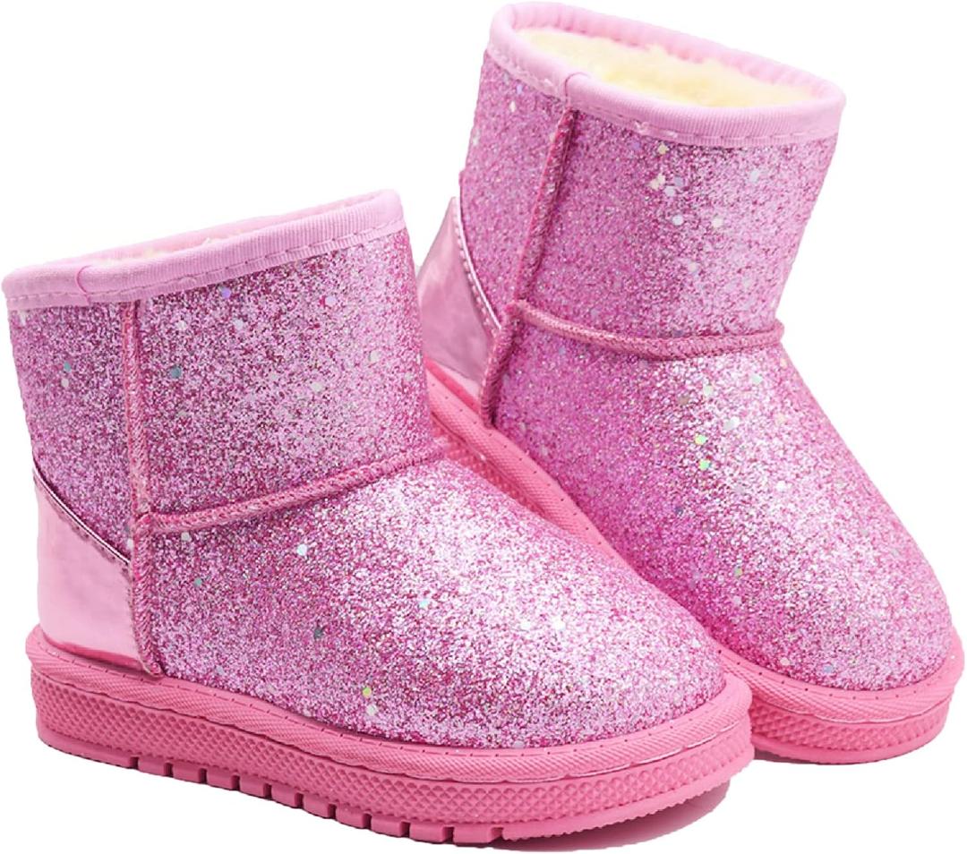 Sugmzox Girl's Boots Kids Glitter Snow Boots Durability Slip Resistant Outdoor Ankle Boots, pink size 13