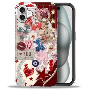 DAIZAG Case for iPhone 16,Mixed 2 Layer Design Shockproof Soft TPU Ddouble Protection Phone Case for iPhone 16-Conch Red Pearl Collage