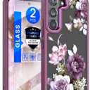 Dretal for Samsung Galaxy S22 5G Case Floral, Military Grade Drop Tested Hard Back & Soft Edge Slim Flower Women Girls Phone Protective Cover + Tempered Glass Screen Protector for Galaxy S22 (Purple)