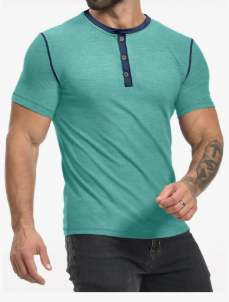 PLEPAN Mens Henley Shirts Crewneck Short Sleeve Casual Cotton T-Shirts with Contrast Color Collar, M