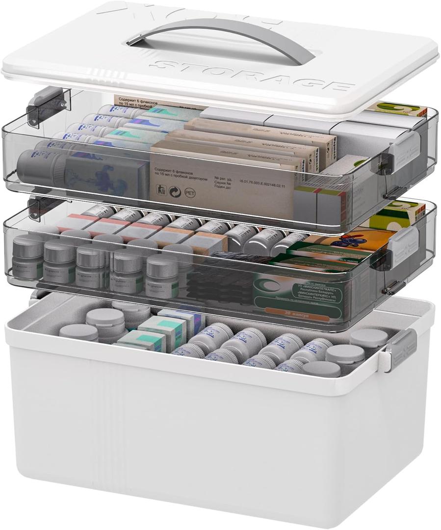 Citylife 3-Tier Medicine Cabinet Organizer,Medicine Cabinet First Aid Kit with Handle,Portable Multi-Purpose Storage Box Suitable for Family Emergency,Home,Travel,White