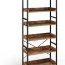Rolanstar Bookshelf 6 Tier with 4 Hooks, Industrial Wood Bookcase, Vintage Storage Rack with Open Shelves, Rustic Standing Bookshelves Metal Frame Display Rack for Living Room, Bedroom, Rustic Brown