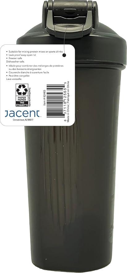 Jacent Protein Shaker Bottle, 24 oz, Leak-Proof Lid, BPA Free, Dishwasher Safe, Freezer Safe, Black