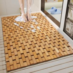Liveinu Bath Mat for Luxury Shower, Non-Slip Bamboo Sturdy Waterproof Bathroom Carpet for Sauna Spa Steps Decor and Accessory, Dark Khaki, 24" x 36"