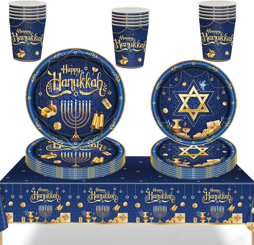 Hanukkah Tableware Set Happy Chanukah Disposable Tableware Includes 20 9" Dinner Plates 20 7" Dessert Plates 20 9 oz Cups and 1 Tablecloth for Jewish Chanukah Party Supplies(Serves 20)