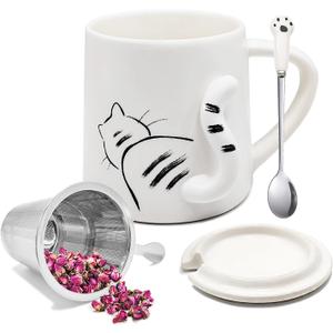 Cat Design Ceramic Tea Mug, 13oz Loose Leaf Tea Cup - With Stainless Steel Strainer/lid/cat claw spoon, Dishwasher Safe Steeping Cup