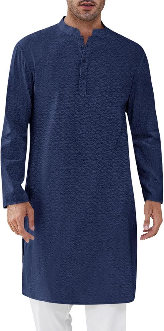 Runcati Mens Kaftan Thobe Textured Henley Shirt Long Sleeve Robe Casual Muslim Gown Shirt (Blue) M