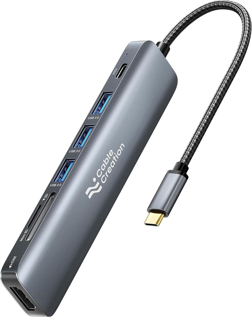 USB C Hub Multiport Adapter, CableCreation 7-in-1 USB C HDMI Hub with 4K 30Hz HDMI, 100W PD, 3 USB 3.0 5Gbps Data Ports, SD/TF Cards Reader for MacBook Pro/Air, iPad Pro, Pixelbook, XPS