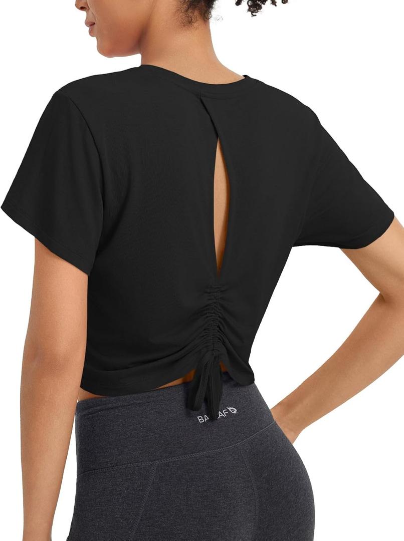 baleaf Women's Open Back Workout Tops Short Sleeve Crop Yoga Shirts Lightweight Athletic Gym Exercise T-Shirts (Black) S