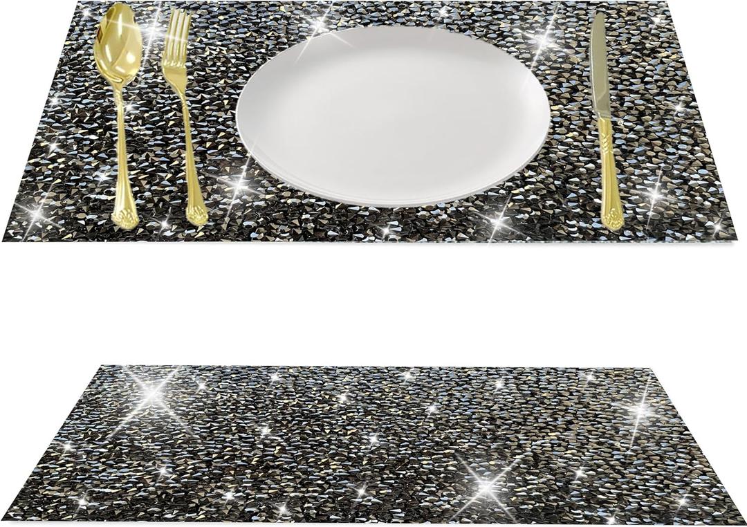 Black Square Placemats - Heat Resistant Mat Set of 2 with Rhinestone Decor and Sparkly Bling