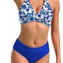 TASHEHE Women's Bikini Set High Waisted Twist Swimsuit Colorblock Halter Two Piece Bathing Suit (L)