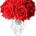 Velvet Roses in Crystal Glass Vase, Artificial Flowers with Vase, Silk Flower Arrangements for Home, Wedding, and Office Décor Table Arrangement Centerpiece, Red