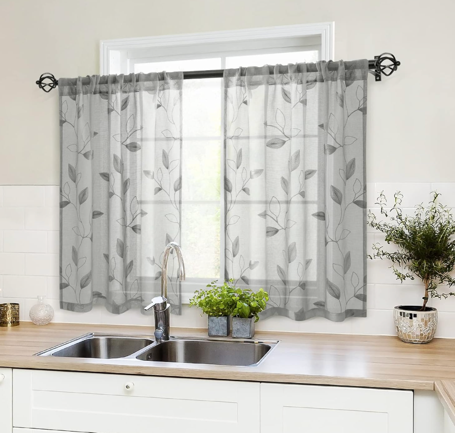 HOMEIDEAS Grey Kitchen Sheer Tier Curtains Leaf Embroidered, 30x36