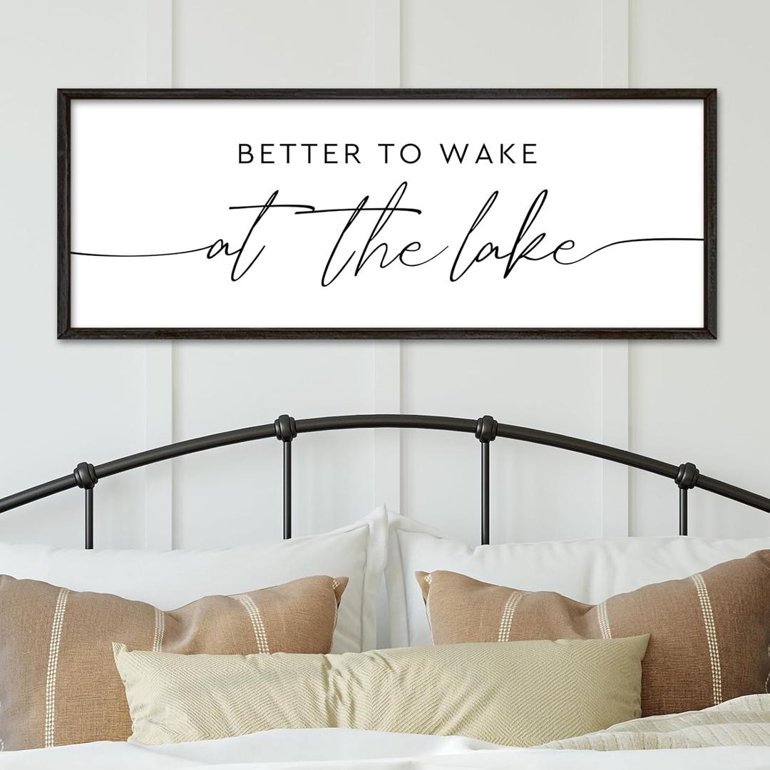YWMZYKJGS Better To Wake At The Lake Above Bed Wall Decor Art 40"15" for Lake House Bedroom Over Bed Sign Large Wood Framed Wall Hanging (Black)