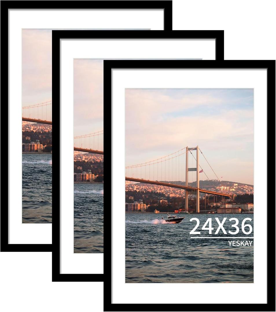 24x36 Picture Frame Brown Set of 3, Display Pictures 20x30 with Mat or 24 x 36 Without Mat, Poster Frames 24x36 for Wall Hanging Horizontal and Vertical (Black)
