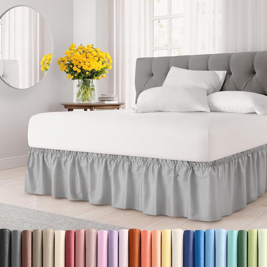 Wrap Around Dust Ruffle Bed Skirt - Light Grey - for Queen Size Beds w/ 16 Inch Drop - Easy Fit Elastic Strap - Adjustable Pleated Bedskirt with Brushed Fabric, Wrinkle Free Women, Men, Kids and Teens