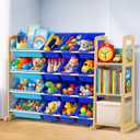Kids Toy Storage Organizer with Bookshelf Wooden Shelf with 16 Bins & 3 Shelves, Quick Assembly Storage Rack for Playroom, Bedroom, Nursery - Blue