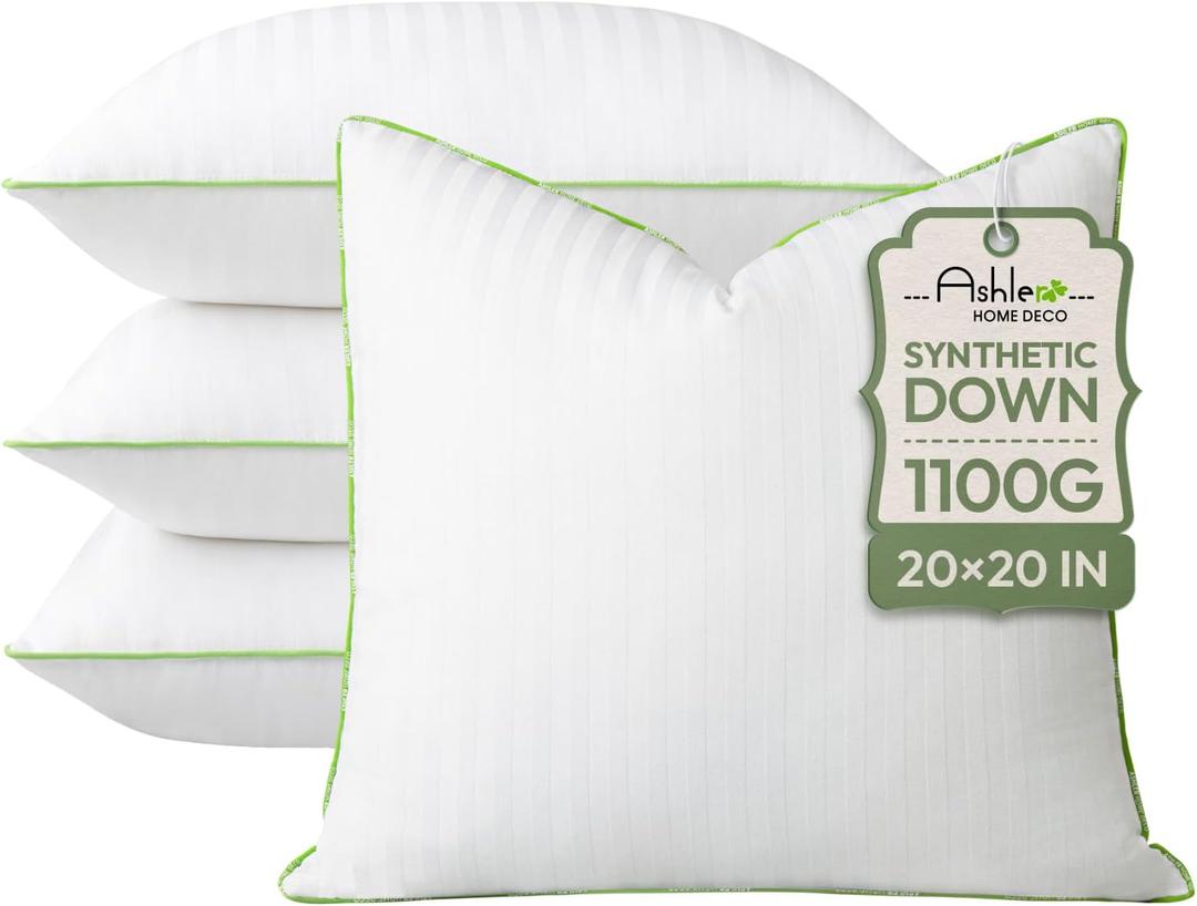 Ashler Home Deco Synthetic Down Pillow Inserts, 20x20 Down Alternative Throw Pillows Insert Sleeping Pillows with 100% Cotton Cover Decorative Pillow Stuffer for Sofa, Couch Bed(Set of 4, White)