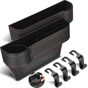 XR MARKET Upgrade 2 Pack Car Seat Gap Filler Organizer with Adjustable Cup Holder, Universal Leather Car Gap Filler Organizer with Cable Hole, Seat Gap Filler Organizer with Hooks, for Phone/ Glasses