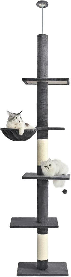 Cat Craft Floor to Ceiling Cat Tree,5 Tiers Tall Cat Tower with Adjustable Height(98-110),Skinny Ceiling Cat Tree with Cozy Hammock,Sisal Scratching Posts,Platforms,and Hanging Balls for Large Cats (Gray)