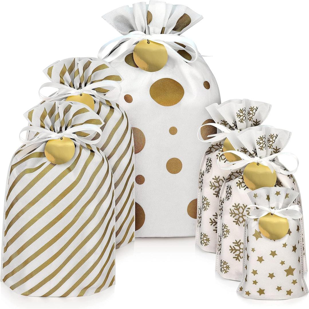 Fabric Gift Bags for Christmas Presents - 6 Pcs Drawstring Fabric Bags, Large Christmas Gift Bags for Presents, Reusable Gift Wrap Bags for Gifts (Gold, Assorted Sizes)