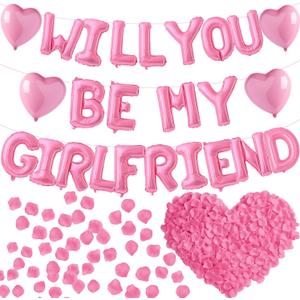 16 Inches Pink 'WILL YOU BE MY GIRLFRIEND' Proposal Letter Balloons with Heart-Shaped Foil Balloons and Rose Petals for Romantic Special Night Decorations, Engagements, Proposals, and Valentine's Day
