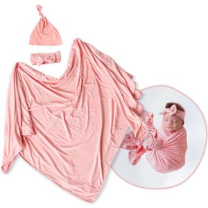 Stroller Society - Newborn Swaddle and Hat Set, Stretchy and Comfortable Baby Swaddle Blanket, Use as Receiving Blanket, Toddler Blanket and More, Pink, 47 x 47 inches