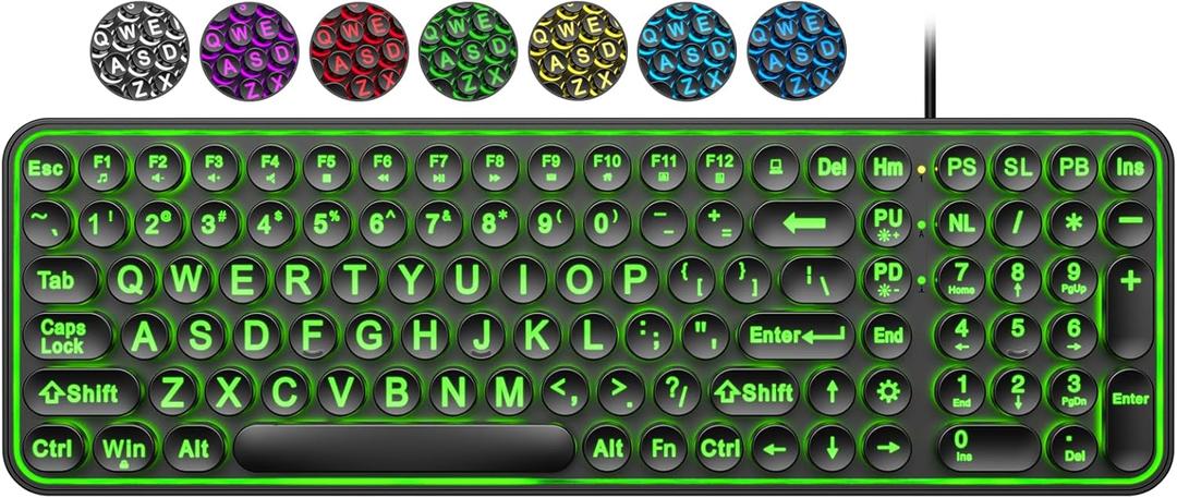 EDJO Large Print Backlit Wired Keyboard, Large Font with 7-Color LED Backlight, Retro Round Key, Ergonomic and Quiet Typing, Compatible with Windows Desktops, Laptops, and PCs.