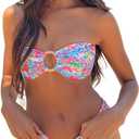 Alyweatry Women Floral Bandeau Bikini Set O Ring Strapless Tie Back Bikini Top High Cut Cheeky Thong Bathing Suit (Colorful Floral, S)