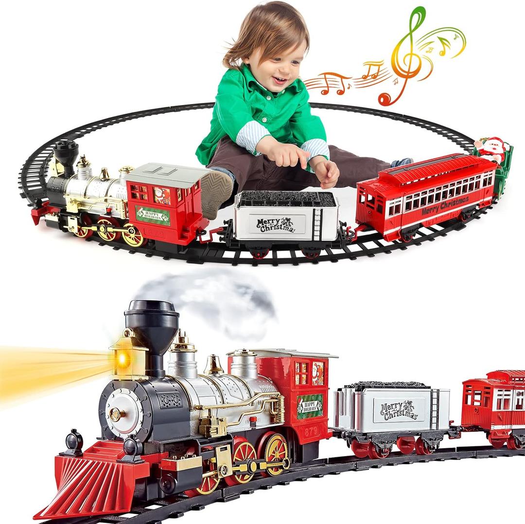 deAO Christmas Theme Classic Train Set for Kids with Headlight, Realistic Sounds, 4 Cars Carriage and Tracks, Best Gift for Christmas Dcor Under The Christmas Tree