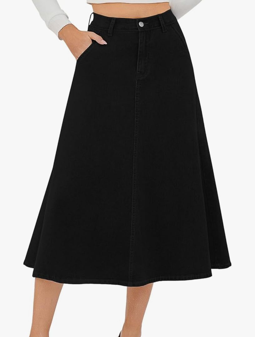 HUSKARY Women's Stretchy High Wasited A Line Long Maxi Jean Skirt Below Knee Length Flared Midi Denim Skirts with Pockets, Large