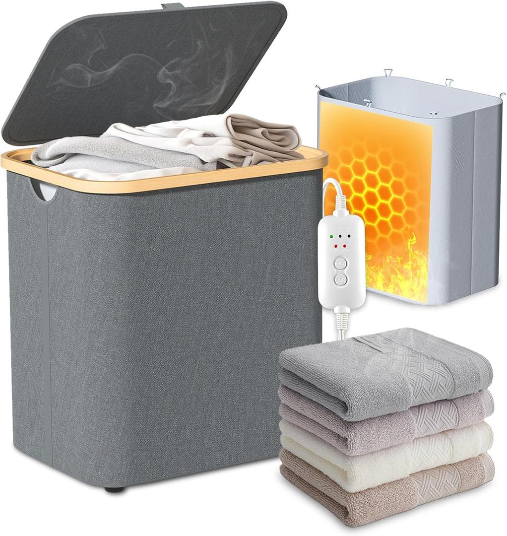 cocozywarm Towel Warmer & Laundry Basket 2-in-1, Foldable Towel Warmer for Bathroom with Removable Heating Bag, 20/ 40/ 60Mins Fast Heating, Auto Shut-Off, Fits 3 Large Towels Blankets, Ideal Xmas Gift