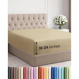 Extra Deep King Fitted Sheet - Hotel Luxury Single Fitted Sheet Only - Easily Fits 18 inch to 24 inch Mattress - Ultra Soft, Wrinkle Free w/Extra Deep Pockets - Easy-Care, Breathable & Comfy - Beige