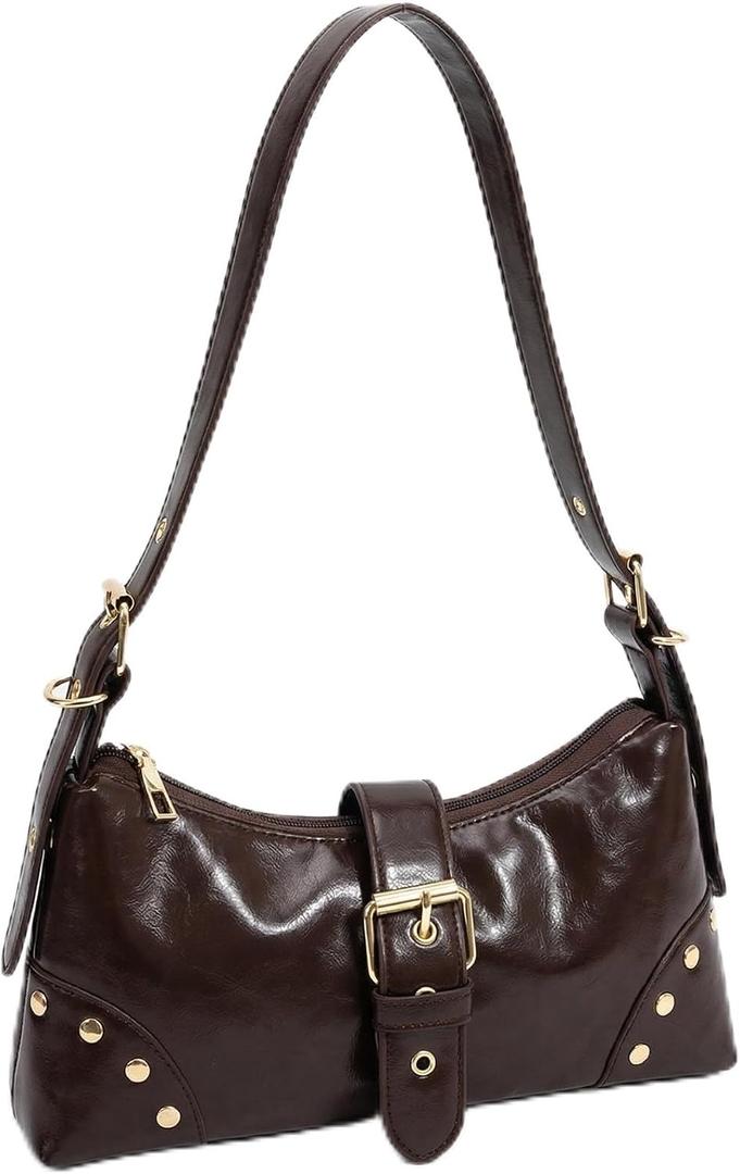 Y2K Shoulder Bag for Women, Vintage Buckle Punk PU Leather Dark Brown Purse, Adjustable Shoulder Strap Studded Bag, Clutch Purse