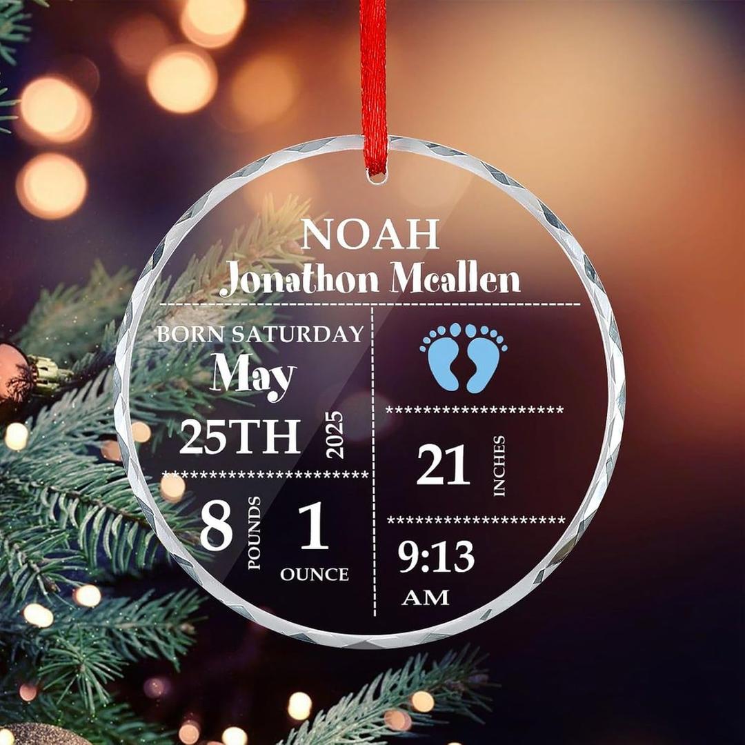 Personalized Birth Announcement Ornament, Custom Newborn Baby Birth Stats Keepsake, Customized, Nursery Decor Present Glass Ornaments (Blue, Round)