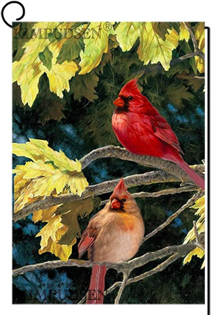 2 x Fall Garden Flag Cardinal Birds 12x18 Inch Double Sided, Autumn Leaves Decorative Yard Flags for Anniversary Yard Outside Holiday Seasonal Decoration