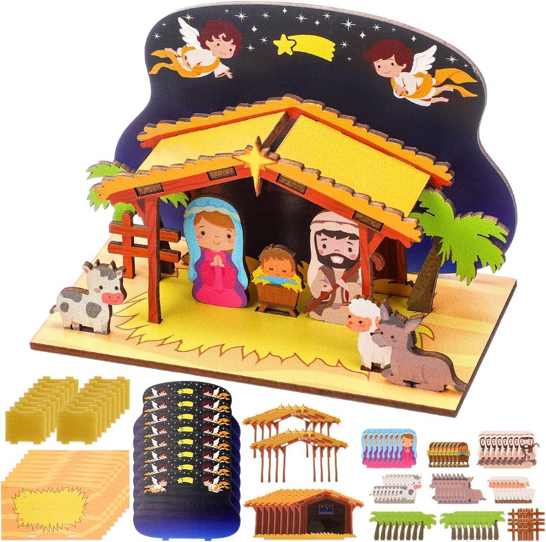 8 Pack Wooden Christmas Nativity Craft for Kids 3D Make Your Own Religious Jesus House DIY Christian Nativity Scene Craft for Classroom Art Activities Sunday School Xmas Party Decoration