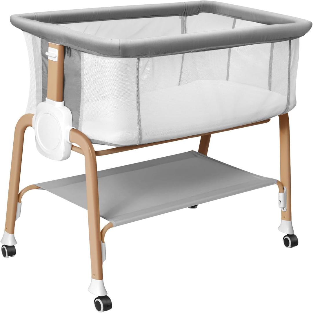 Bassinet Bedside Sleeper, Bedside Bassinet for Newborn, Baby Bassinet with 5 Adjustable Height, Rocking Bassinet with Wheels, Breathable Mesh & Mattress, Easy Folding Portable Bedside Crib(Gray), Twin