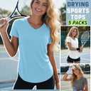 Locoowai 5 Pack Women's Workout Shirts V Neck Quick Dry Tops UPF 50+ Short Sleeve UV Gym Basic Tee Side Slits Curved Hem