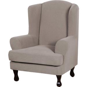 H.VERSAILTEX 2 Piece Stretch Jacquard Wingback Chair Covers Slipcovers Wing Chair Covers (Base Cover Plus Seat Cushion Cover) Furniture Covers for Wingback Chairs, Form Fitted Thick Soft, Taupe