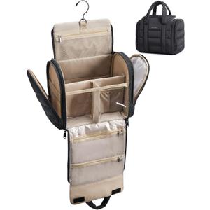 BAGSMART Travel Toiletry Bag with Removable Partition, Puffy Water-resistant Fabric Hanging Organizer for Full-Size Toiletries, Accessories, Black