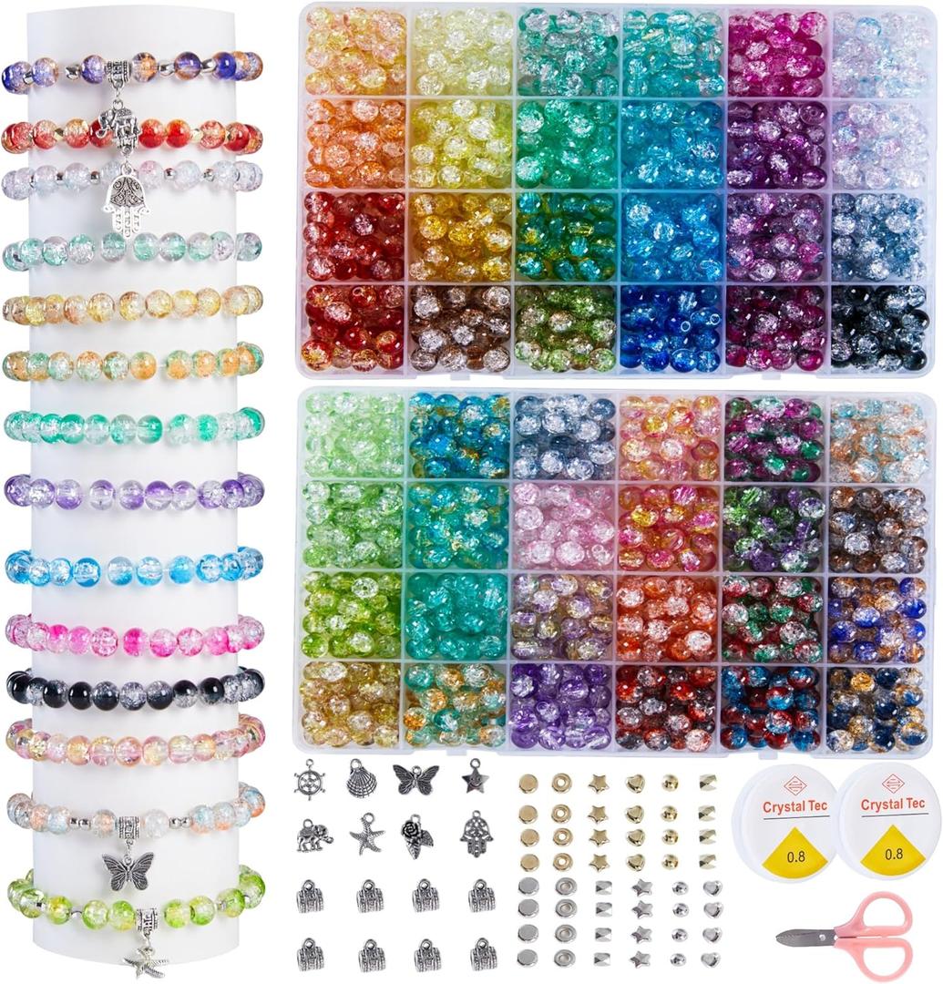 1300PCS 8mm Mixed Crackle Glass Beads for Bracelets Making with Accessories, 48 Colors Crystal Glass Beads Jewelry Making Kit, Round Beads for DIY Bracelet Crafts
