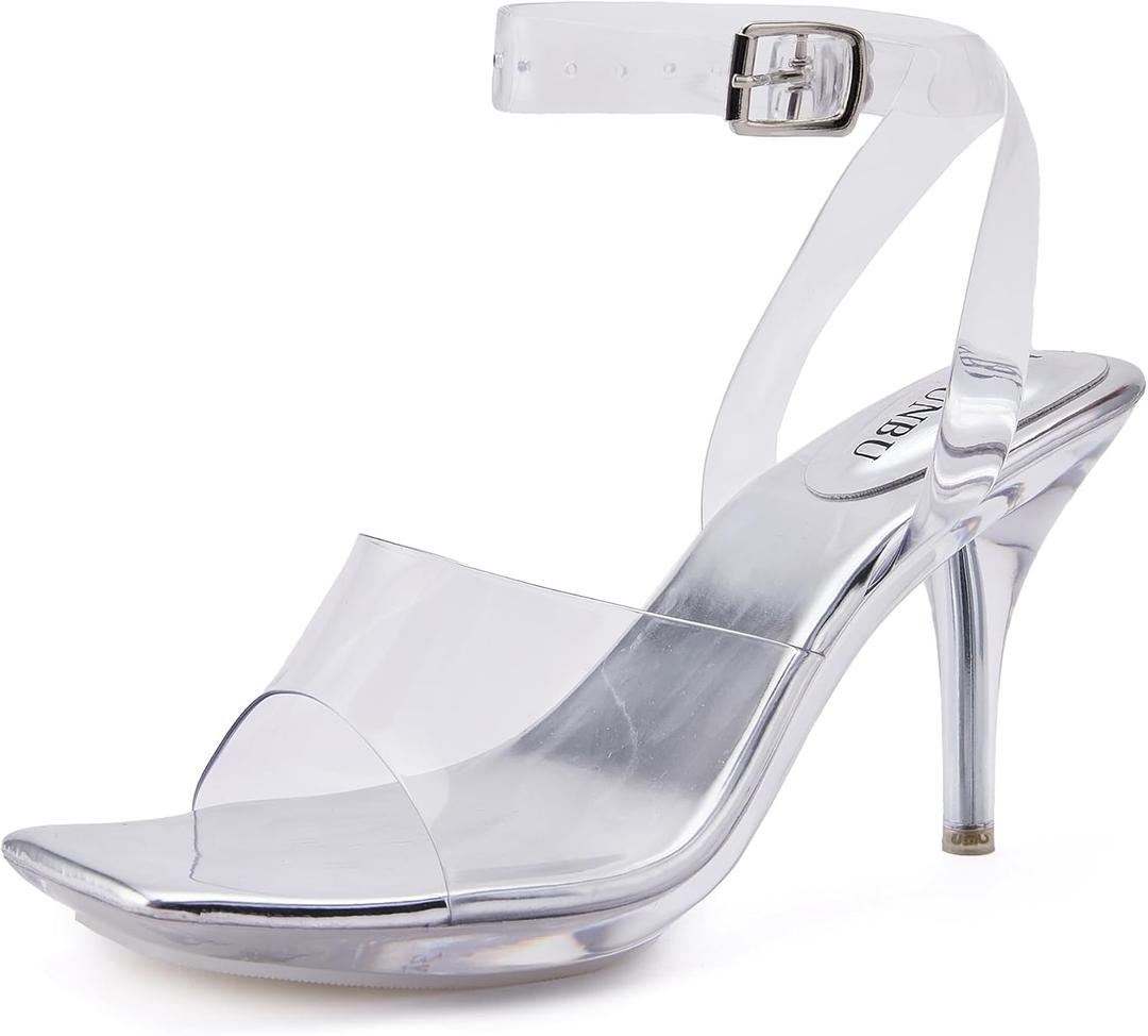 NBUUNBU Clear Heels for Women Sexy Transparent Strappy Ankle Straps Shoes Platform High Kitten Heel Slingback Square Toe Stiletto Comfortable Sandals Mules Pumps (10, Silver)