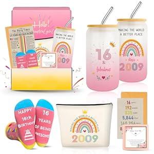 Sweet 16th Birthday Decorations Gifts for Girls, Cool 16 Year Old Girl Gift Ideas for Her Granddaughter Daughter Niece Teens, Happy 2009 Sixteen Presents Basket Glass Cup Sock Makeup Bag Necklace