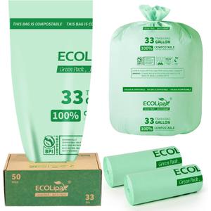 ECOLipak 33 Gallon Compostable Garbage Bags, 50 Count (2 Rolls) Biodegradable Heavy Duty Large Outdoor Bags for Lawn/Yard, US BPI ASTM D6400 and OK Compost Home Certified
