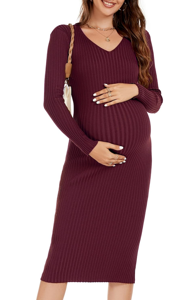 Maternity Dress Long Sleeve V Neck Knit Stretchable Sweater Dresses Pregnancy Clothes for Photoshoot Baby Shower